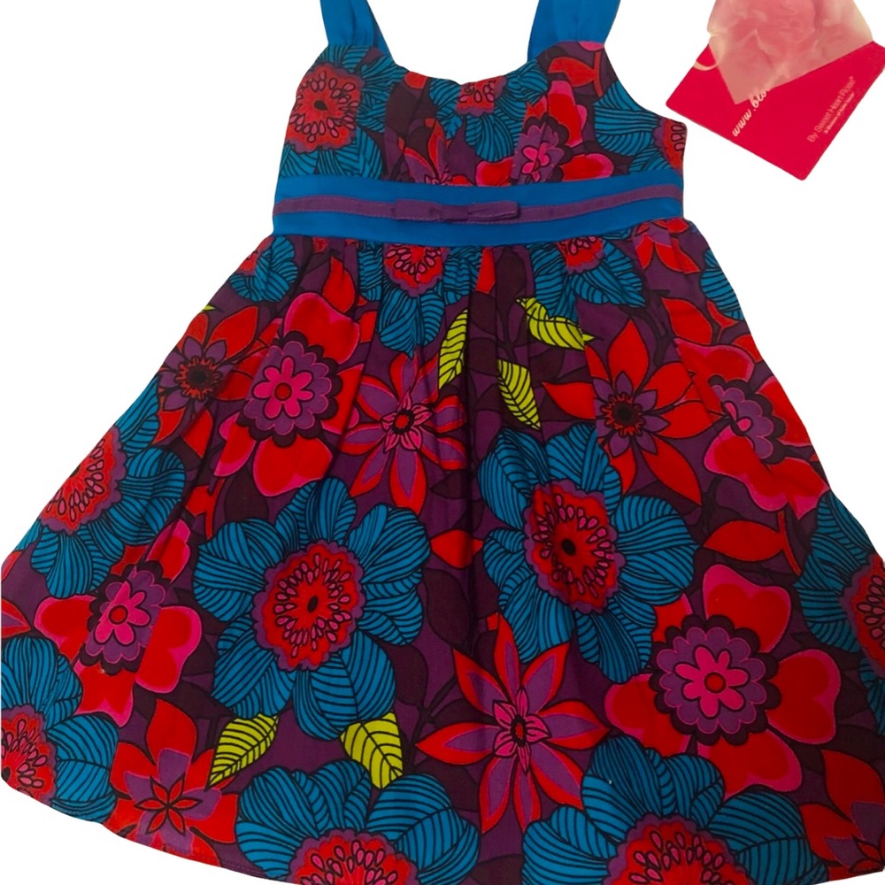 NWT Sz2 flowered dress sleeveless bow tie back pleating spring summer vacation